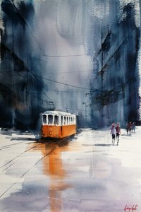 Tranvía naranja en la ciudad bajo la lluvia de Giorgio Gosti
