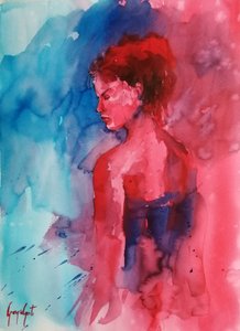 Retrato de una mujer en rojo y azul