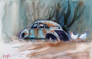 Un coche rústico y unas gallinas