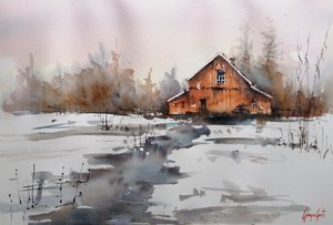 Arroyo de invierno junto a un granero rústico de Giorgio Gosti
