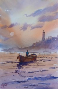 Barco y faro al atardecer de Giorgio Gosti