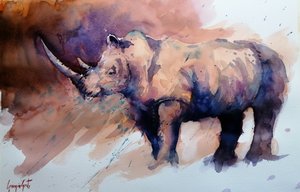 Un rinoceronte en acuarela de vivos colores