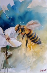 Abeja en una flor, pintada en acuarela
