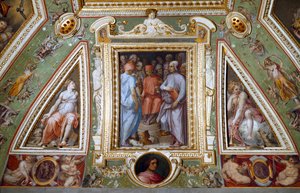 (detalle) de la sala de Cosimo de Medicis representándose a sí mismo con artistas e intelectuales de Giorgio Vasari