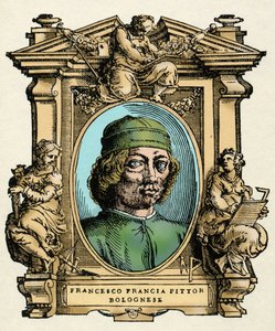 Retrato de Francesco FRANCIA (1450-1517) pintor italiano. Grabado del tratado “Vidas de los más excelentes pintores, escultores y arquitectos” (Le Vite de