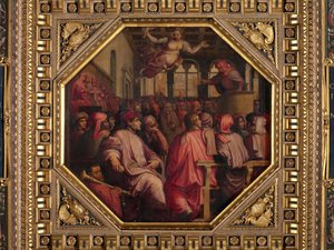 Discurso de Antonio Giacomini por la guerra contra Pisa en la Sala dei Duecento de Giorgio Vasari