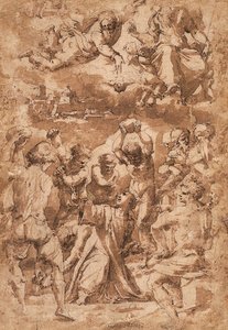 La lapidación de San Esteban, con la Trinidad arriba de Giorgio Vasari