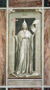 Fe, figura femenina sosteniendo la Cruz y un pergamino símbolo de la Verdad Revelada, mientras destruye un ídolo y se encuentra sobre símbolos de la Cábala, ciclo de frescos Los Vicios y las Virtudes, después de la restauración, Capilla Scrovegni, Padua, V de Giotto (c.1266 1337)