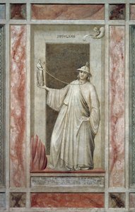 La infidelidad (también llamada Idolatría), figura masculina alejándose de Dios y sosteniendo un ídolo que lo mantiene atado al cuello, por Giotto, detalle del ciclo de frescos Los Vicios y Virtudes, después de la restauración, Capilla Scrovegni, Padua, Vé