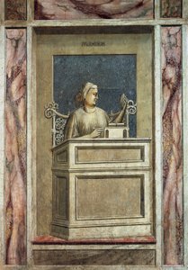 Prudencia, figura femenina sentada en un escritorio, mirando al pasado para aprender de la experiencia y leyendo un libro para obtener enseñanzas para el futuro (detalle) de Giotto (c.1266 1337)