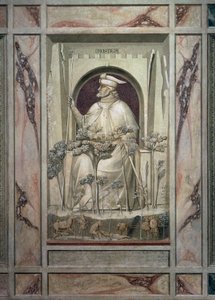 La injusticia, un anciano sosteniendo una espada en sus manos mientras ante él crecen los árboles del mal, por Giotto, detalle del ciclo de frescos Los Vicios y Virtudes, después de la restauración en 2002, Capilla Scrovegni, Padua, Véneto, Italia. de Giotto (c.1266 1337)