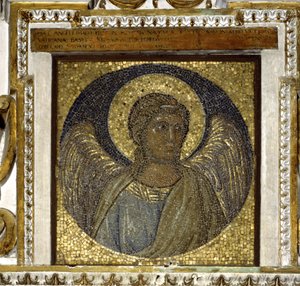 ángel. Fragmento de la vaina. Mosaico con fondo dorado realizado por Giotto di Bondone (¿1267 - 1337) y arquitectura de Maderno de Giotto (c.1266 1337)
