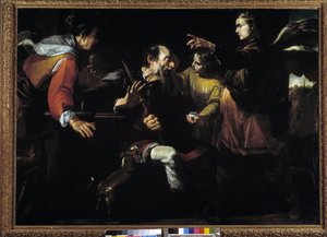 Tobías devolviendo la vista a su padre (Tobías el joven pasa sobre los ojos de su padre el hígado del pez que pescó bajo la guía del arcángel) de Giovacchino Assereto