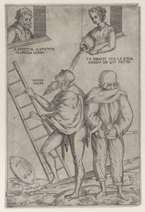 Un hombre sube una escalera mientras una mujer le arroja agua desde arriba, 1575-99