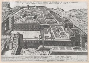 Speculum Romanae Magnificentiae: Vista aérea del Belvedere y sus jardines de Giovanni Ambrogio Brambilla.