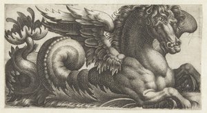 Caballito de mar alado con una hoja abierta al final de la cola de la que sobresalen dos pistilos Frisones con monstruos marinos (título de la serie)