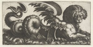 Foca alada con una especie de silla de montar en el lomo Frisones con monstruos marinos (título de la serie) de Giovanni Andrea Maglioli
