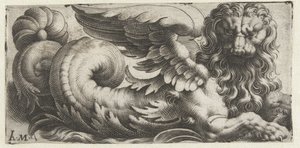 León marino alado con melena ondulada y barba Frisones con monstruos marinos (título de la serie) de Giovanni Andrea Maglioli