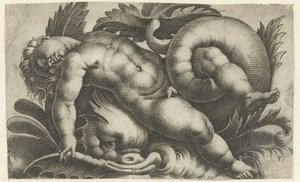 Putto durmiendo sobre delfines Putti sobre criaturas marinas (título de la serie) de Giovanni Andrea Maglioli