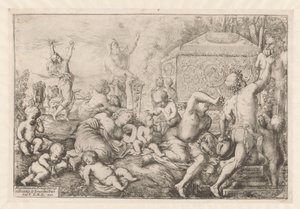 Bacchanal met altaar, faun en Silenus de Giovanni Andrea Podesta