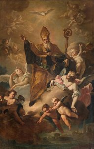 Transepto sur, Altar de San Benedicto, San Benedicto en el Gloria mientras bendice la ciudad, Retablo de Giovanni Angelo Borroni, San Benedicto en el Gloria mientras bendice la ciudad 1744