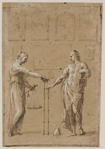 Un hombre y una mujer con trajes antiguos, cada uno con balanzas y una regla, frente a una pared con pinturas. Una bolsa en el suelo frente al hombre de Giovanni Angelo Canini