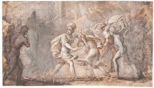 Tarpeya siendo aplastada bajo los escudos de los sabinos de Giovanni Angelo Canini