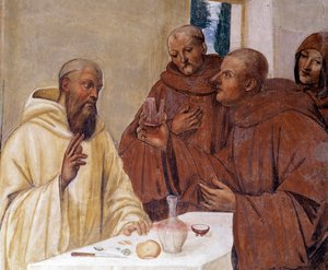 Benedicto rompe un vaso de vino envenenado haciendo la señal de la cruz (detalle) de Giovanni Antonio Bazzi Sodoma