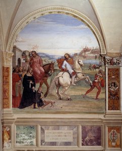 “Cómo Benito dejó la casa de su padre y fue a Roma a estudiar” (detalle) - fresco del claustro hecho por Antonio Bazzi dit il Sodoma (1477-1549) relatando la vida de San Benito de Nursia (480 - 567) fundador de la Orden de los Benedictinos 1503 - 1508 Abad de Giovanni Antonio Bazzi Sodoma
