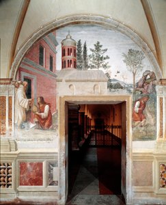Cómo Benito convierte en serpiente un vino que un sirviente le escondió (detalle) - fresco del claustro hecho por Antonio Bazzi dit il Sodoma (1477 - 1549) relatando la vida de San Benito de Nursia (480 - 567) fundador de la Orden de los Benedictinos 1503  de Giovanni Antonio Bazzi Sodoma