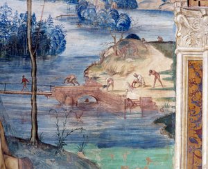 Cómo San Mauro camina sobre el agua para rescatar a Plácido - Detalle del fresco del claustro realizado por Antonio Bazzi dit il Sodoma (1477-1549) que narra la vida de San Benito de Nursia (480-567) fundador de la Orden de Giovanni Antonio Bazzi Sodoma