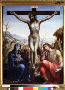 La crucifixion avec la Vierge et Jean Baptiste (La crucifixión con la Virgen y Juan el Bautista). Inscripción ""I.N.R.I."" (INRI) en la cruz. Pintura de Sodoma (o Giovanni Antonio Bazzi