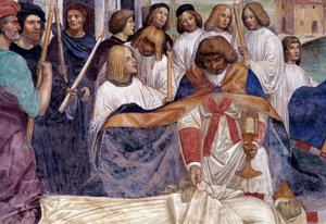San Benito lleva el cuerpo de Cristo sobre el cuerpo del monje que la tierra se niega a enterrar (detalle) de Giovanni Antonio Bazzi Sodoma