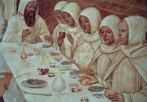 San Benito habiendo obtenido suficiente harina y alimentado a los monjes (detalle) de Giovanni Antonio Bazzi Sodoma