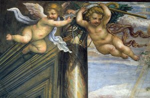 La Sala delle Nozze di Alessandro e Rossana detalle de dos putti voladores (detalle) de Giovanni Antonio Bazzi Sodoma
