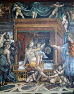 La Sala delle Nozze di Alessandro e Rossana detalle de Roxanne en su dormitorio siendo presentada con una corona por Alejandro (detalle) de Giovanni Antonio Bazzi Sodoma