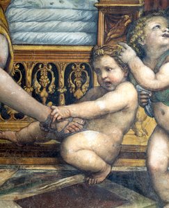 La Sala delle Nozze di Alessandro e Rossana detalle de un putto tirando del pie de Roxanne (detalle)