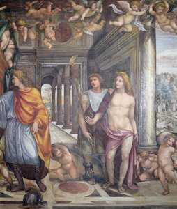La Sala de las Bodas de Alejandro y Roxana (detalle de Alejandro y dos asistentes masculinos con putti arriba)