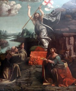 La resurrección de Cristo con San Leonardo de Noblac y Lucía de Giovanni Antonio Boltraffio