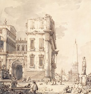 Un capricho de un palacio veneciano con vista a una plaza con un obelisco