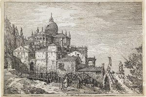 Paisaje con una Iglesia, Casas y un Molino de Giovanni Antonio Canal