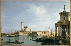 La isla de San Giorgio Maggiore, Venecia, con la Punta della Dogana y numerosos barcos de Giovanni Antonio Canal