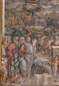 San Antonio llegando a Padua, donde restablece la paz entre los ciudadanos con la fuerza y la dulzura de su predicación, Escuela del Santo, detalle de 2196876 de Giovanni Antonio Corona