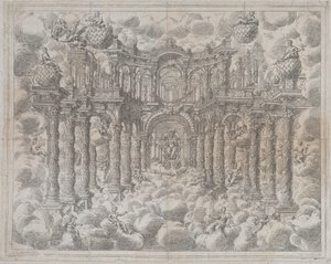 Placa 2 [contraprueba]: Escenario con figuras alegóricas sentadas entre las nubes de Giovanni Antonio Lorenzini