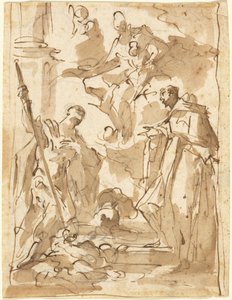 La Madonna y el Niño en gloria con San Teodoro y un santo monástico de Giovanni Antonio Pellegrini