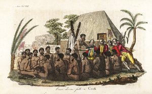 Nativos hawaianos ofrecen un cerdo en sacrificio al capitán James Cook ante 12 sacerdotes y un ídolo de madera en la casa sagrada de Orono. Grabado en cobre coloreado a mano por Sasso según John Webber de la obra de Giulio Ferrario Trajes antiguos y modern de Giovanni Antonio Sasso