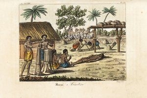 Sacrificio humano en un marae (morai) o cementerio sagrado, Tahití. Tamborileros a la izquierda, una víctima atada a un cerdo y dos sepultureros cavando una tumba ante una pila de cráneos humanos y carcajs de flechas. Grabado en cobre coloreado a mano por  de Giovanni Antonio Sasso