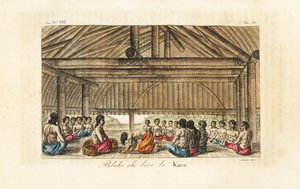 El rey Polaho bebiendo kava en una casa larga, Tonga (Islas Amistosas). Grabado en cobre coloreado a mano por Sasso según John Webber de la obra de Giulio Ferrario Trajes antiguos y modernos de todos los pueblos del mundo, Florencia, Italia. de Giovanni Antonio Sasso