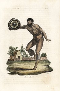 Hombre desnudo y tatuado de Hawai (Islas Sandwich) bailando para el capitán James Cook de Giovanni Antonio Sasso