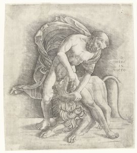 Hércules luchando contra el león de Nemea Hércules vence al león de Nemea D HERC IN VICTO (título sobre objeto)